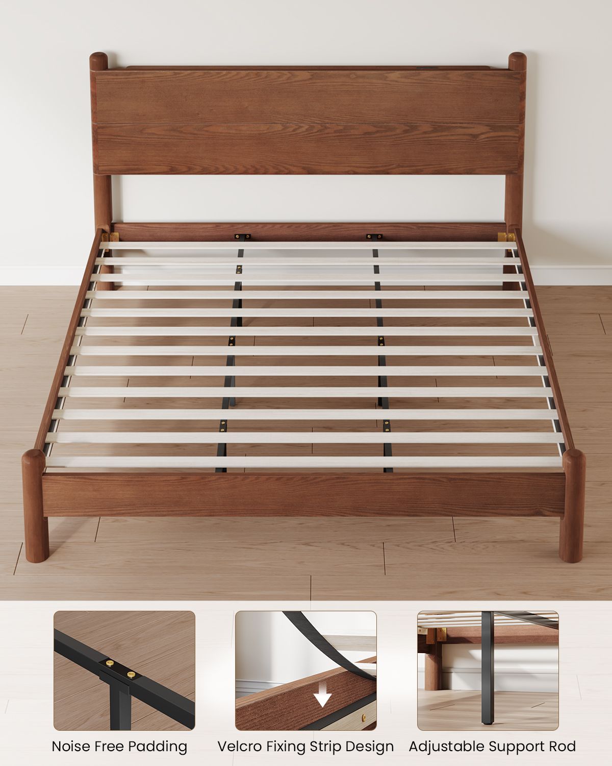 SUCSSRICH | King Size Solid Wood Bed Frame with Headboard & Charging Station – Mid Century Platform Bed, No Box Spring Needed, Noise-Free, Easy Assembly
