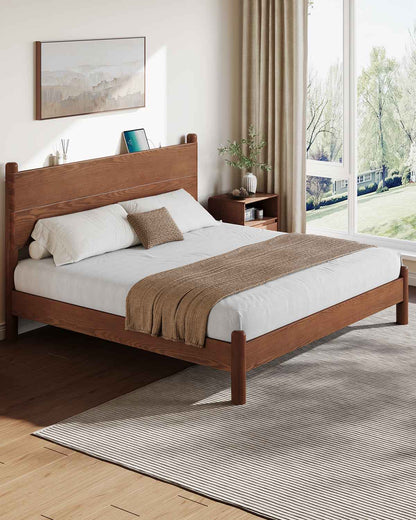SUCSSRICH | King Size Solid Wood Bed Frame with Headboard & Charging Station – Mid Century Platform Bed, No Box Spring Needed, Noise-Free, Easy Assembly