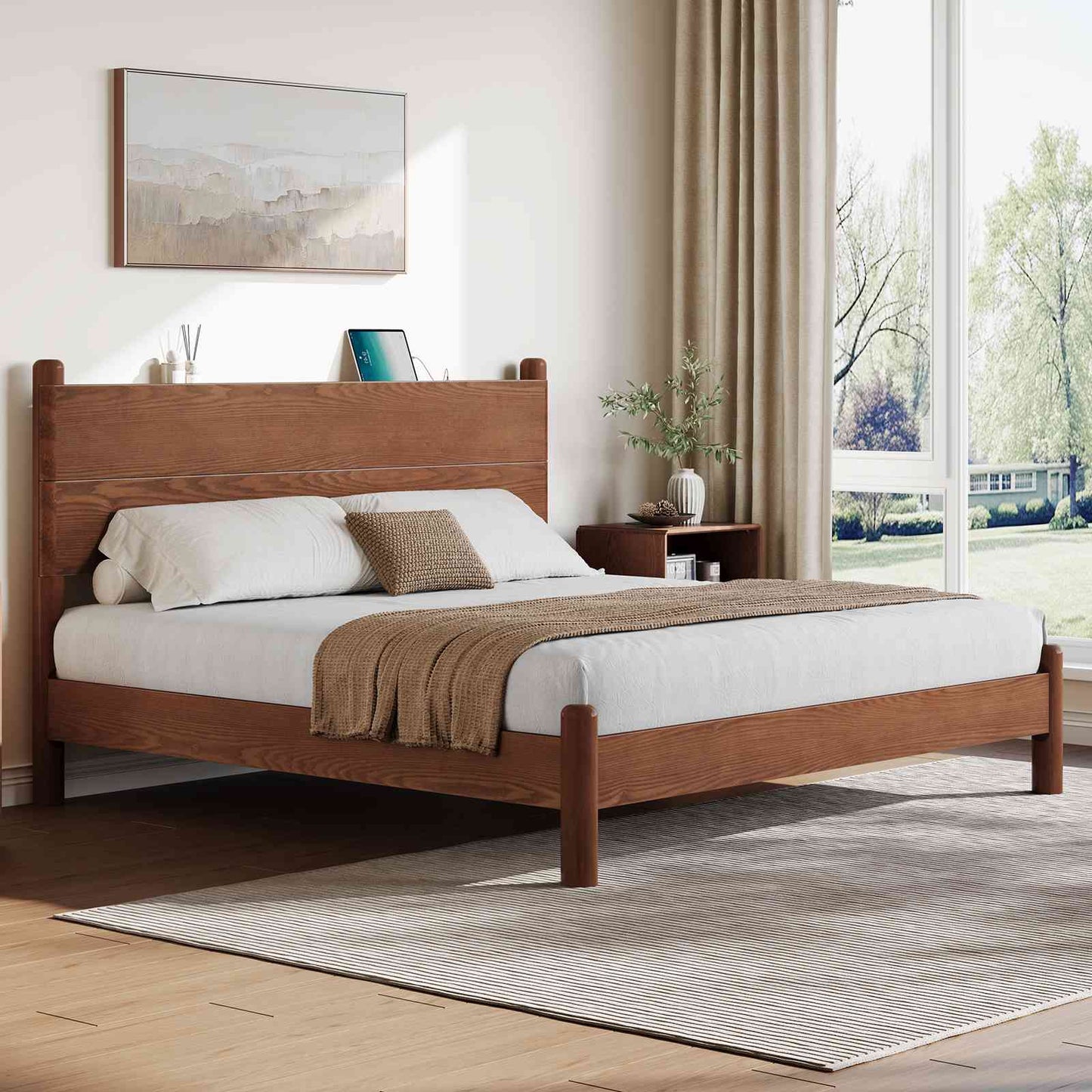 SUCSSRICH | King Size Solid Wood Bed Frame with Headboard & Charging Station – Mid Century Platform Bed, No Box Spring Needed, Noise-Free, Easy Assembly