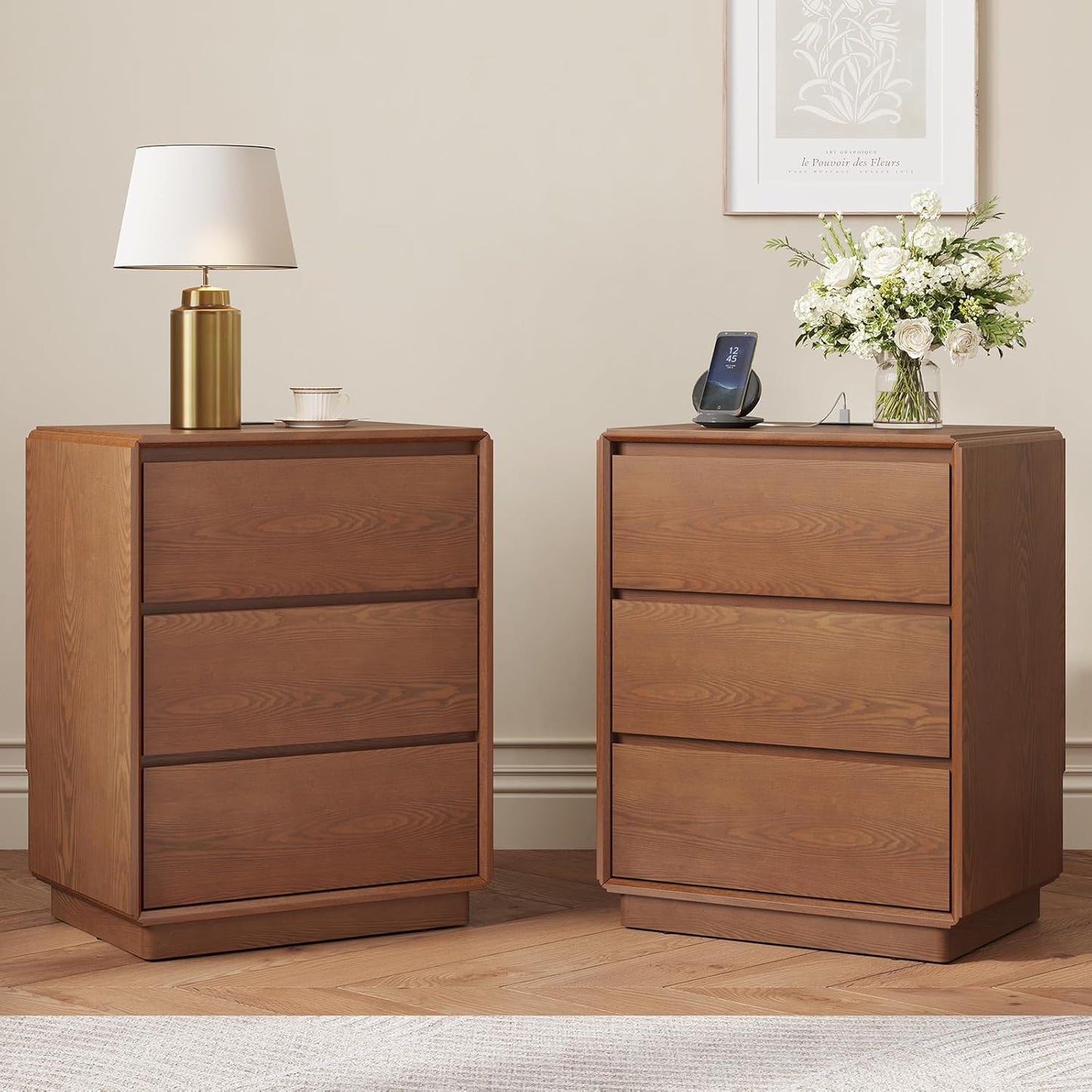SUCSSRICH | 25.8''Solid Wood Nightstands with Charging Station – Mid Century Modern Bedside Tables with 3 Drawers