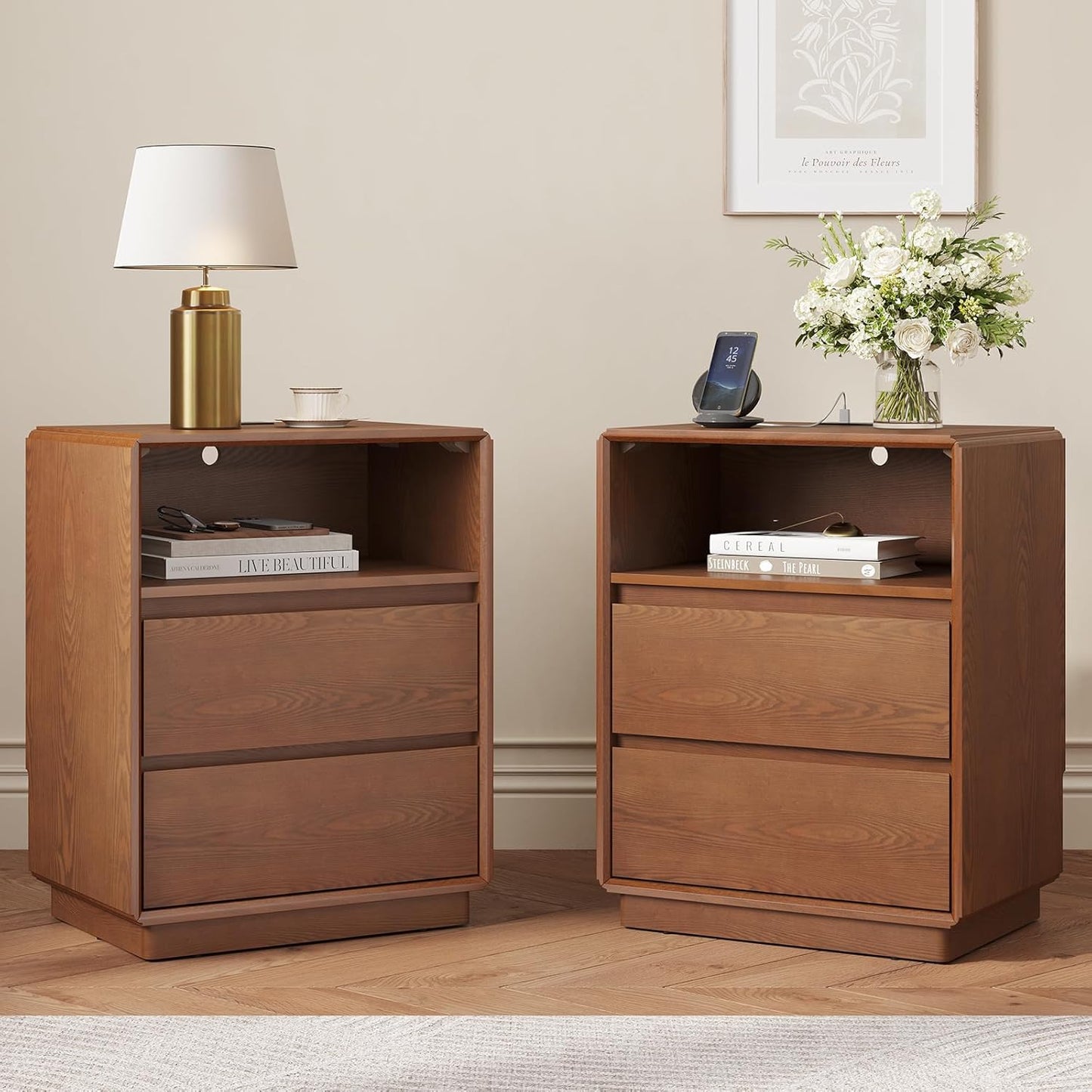SUCSSRICH 25.8 Inch Solid Wood Nightstand with 2 Drawers and with Charging Station Natural Wood Night Stand Bedside Table