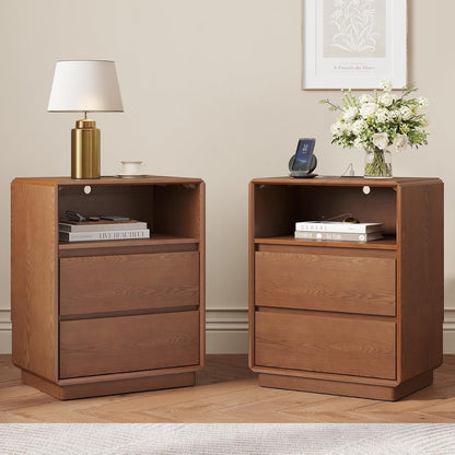 SUCSSRICH 25.8 Inch Solid Wood Nightstand with 2 Drawers and with Charging Station Natural Wood Night Stand Bedside Table