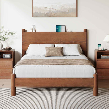 SUCSSRICH | Queen Size Solid Wood Bed Frame with Headboard & Charging Station – Mid Century Platform Bed, No Box Spring Needed, Noise-Free, Easy Assembly