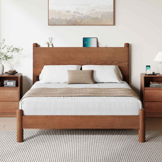 SUCSSRICH | Queen Size Solid Wood Platform Bed with Headboard & Charging Station – Mid Century Platform Bed, No Box Spring Needed, Noise-Free, Easy Assembly