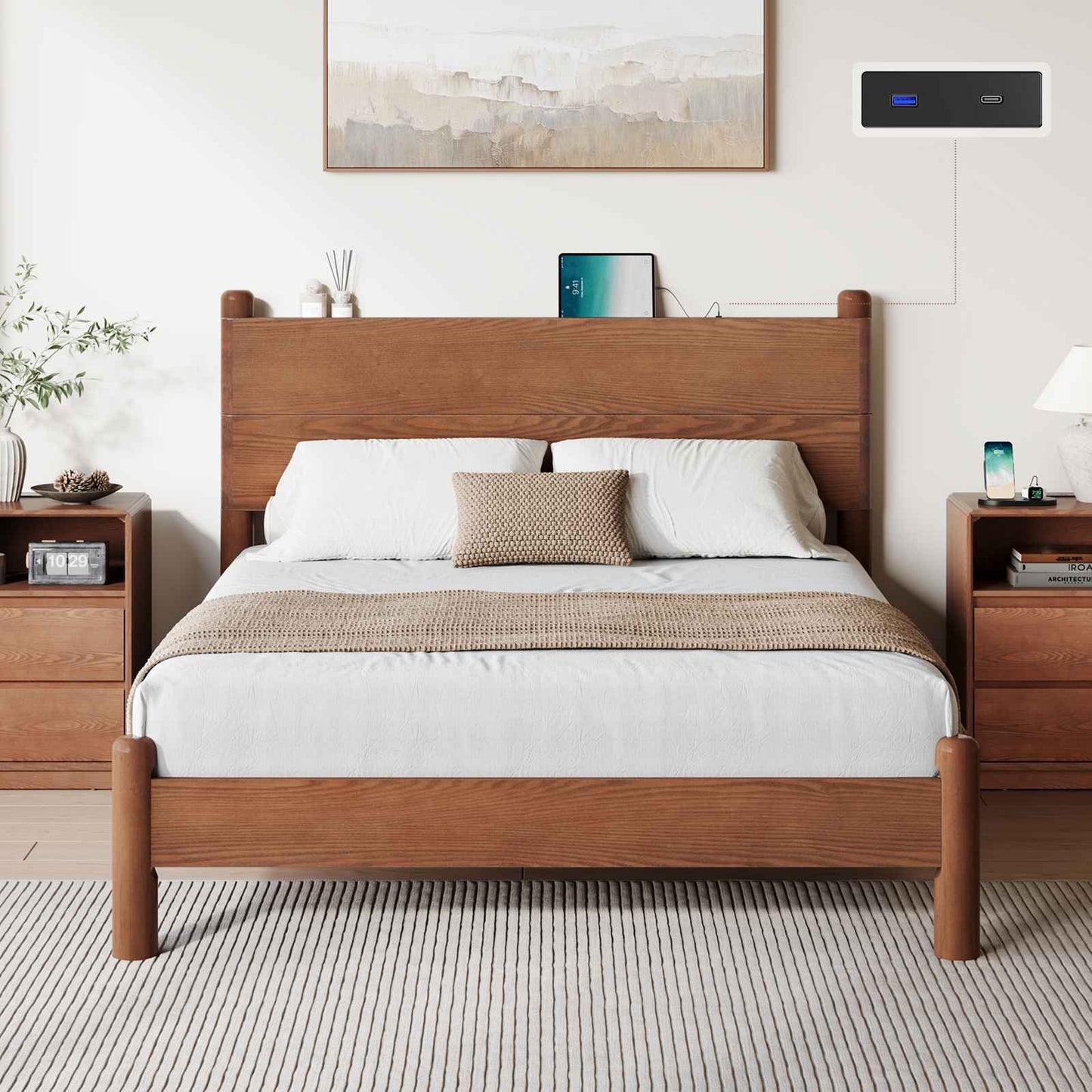SUCSSRICH | Queen Size Solid Wood Bed Frame with Headboard & Charging Station – Mid Century Platform Bed, No Box Spring Needed, Noise-Free, Easy Assembly