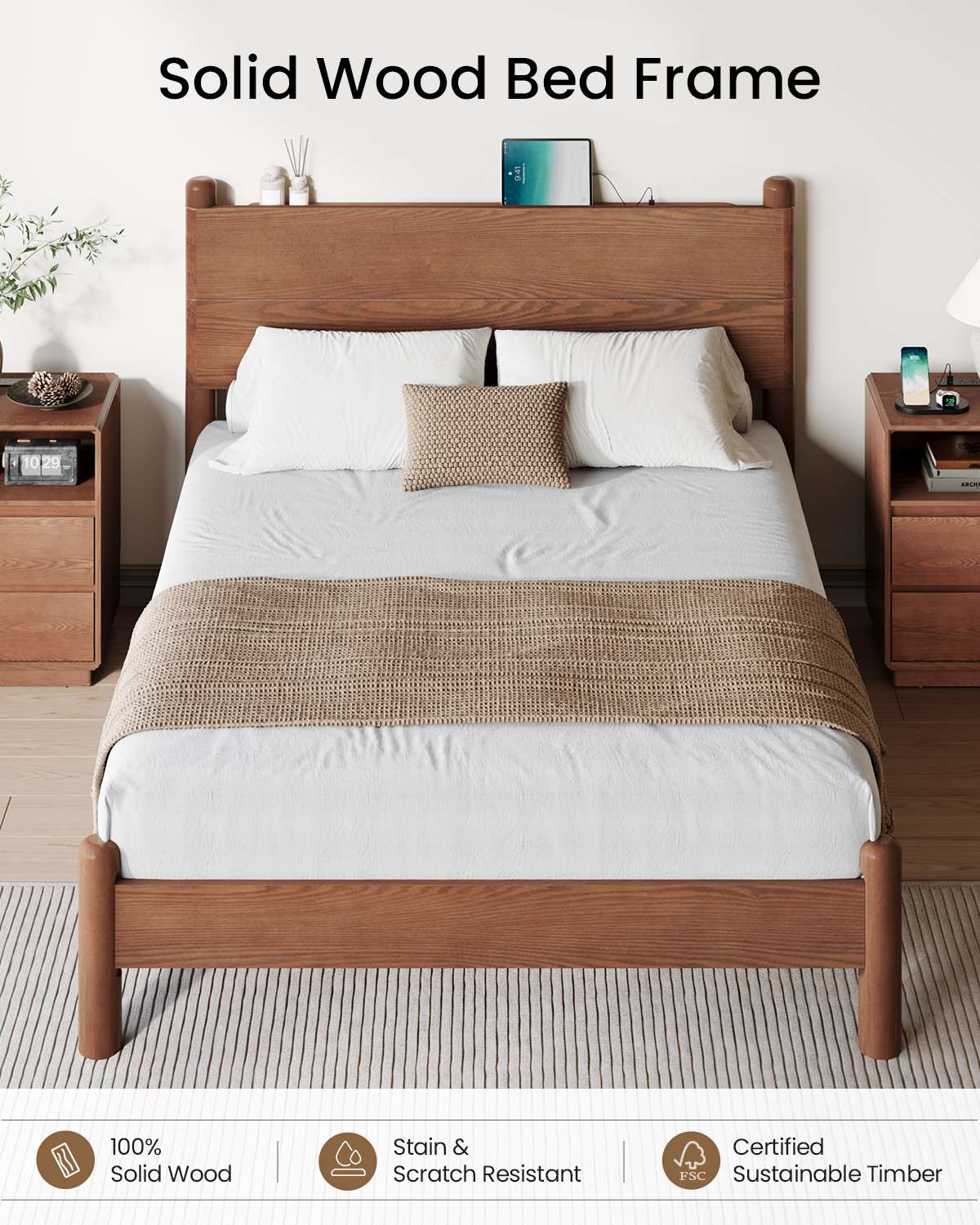 SUCSSRICH | Queen Size Solid Wood Bed Frame with Headboard & Charging Station – Mid Century Platform Bed, No Box Spring Needed, Noise-Free, Easy Assembly