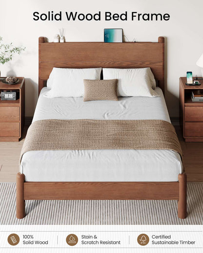 SUCSSRICH | Queen Size Solid Wood Bed Frame with Headboard & Charging Station – Mid Century Platform Bed, No Box Spring Needed, Noise-Free, Easy Assembly