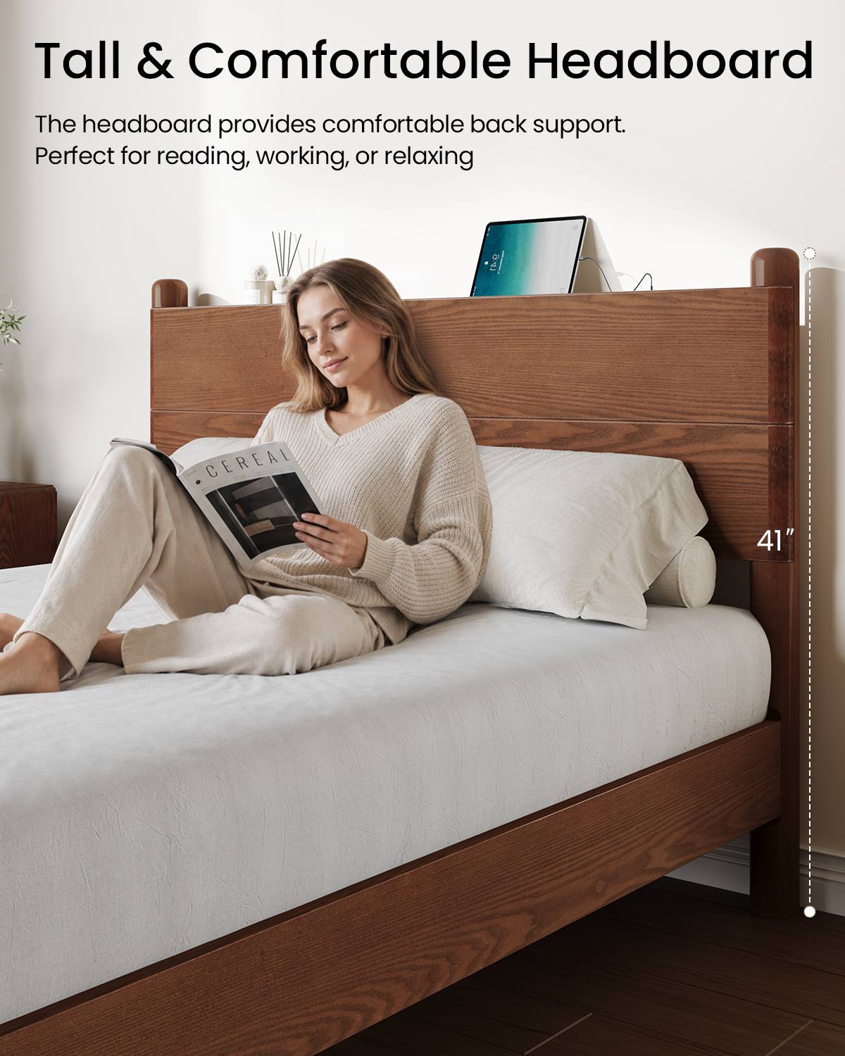 SUCSSRICH | Queen Size Solid Wood Bed Frame with Headboard & Charging Station – Mid Century Platform Bed, No Box Spring Needed, Noise-Free, Easy Assembly