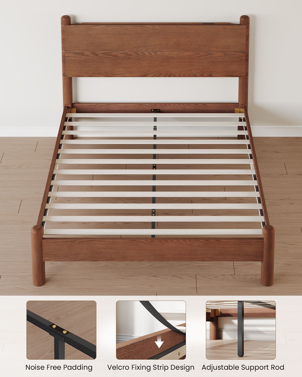 SUCSSRICH | Queen Size Solid Wood Bed Frame with Headboard & Charging Station – Mid Century Platform Bed, No Box Spring Needed, Noise-Free, Easy Assembly