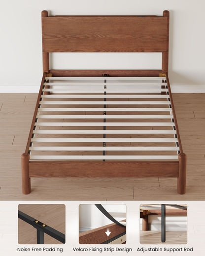 SUCSSRICH | Queen Size Solid Wood Bed Frame with Headboard & Charging Station – Mid Century Platform Bed, No Box Spring Needed, Noise-Free, Easy Assembly