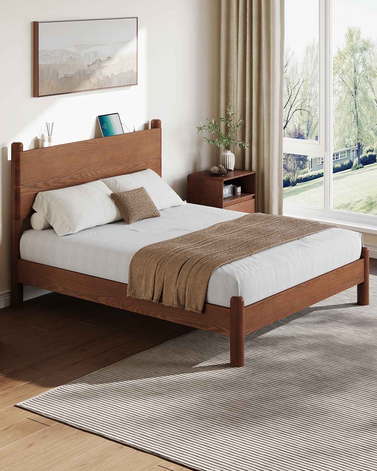 SUCSSRICH | Queen Size Solid Wood Bed Frame with Headboard & Charging Station – Mid Century Platform Bed, No Box Spring Needed, Noise-Free, Easy Assembly