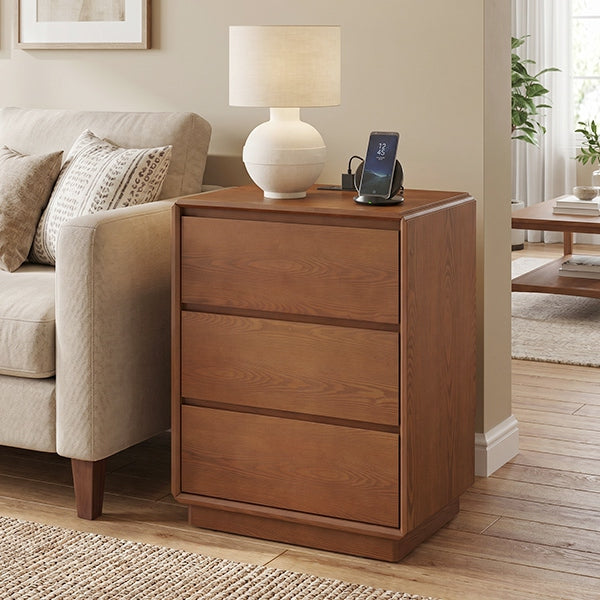SUCSSRICH | 25.8''Solid Wood Nightstands with Charging Station – Mid Century Modern Bedside Tables with 3 Drawers