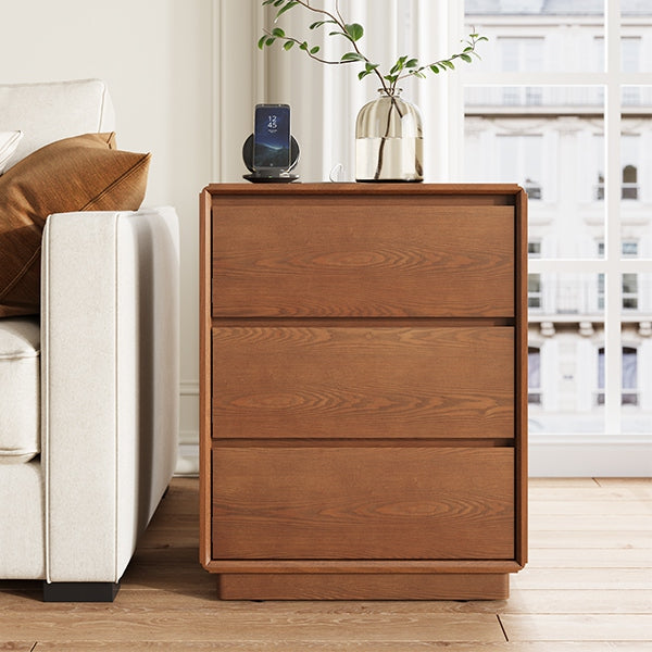 SUCSSRICH | 25.8''Solid Wood Nightstands with Charging Station – Mid Century Modern Bedside Tables with 3 Drawers