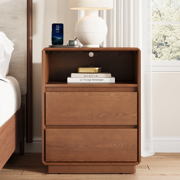 SUCSSRICH 25.8 Inch Solid Wood Nightstand with 2 Drawers and with Charging Station Natural Wood Night Stand Bedside Table