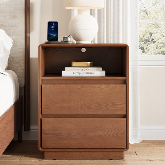 SUCSSRICH 25.8 Inch Solid Wood Nightstand with 2 Drawers and with Charging Station Natural Wood Night Stand Bedside Table