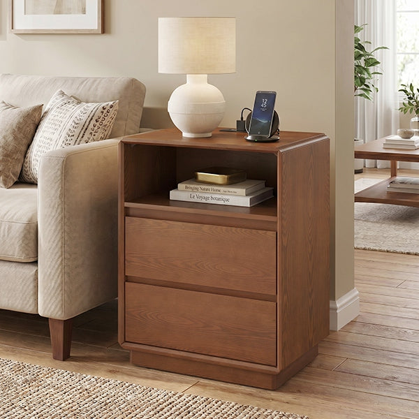 SUCSSRICH 25.8 Inch Solid Wood Nightstand with 2 Drawers and with Charging Station Natural Wood Night Stand Bedside Table