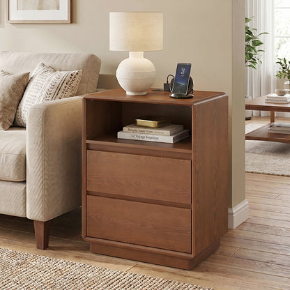 SUCSSRICH 25.8 Inch Solid Wood Nightstand with 2 Drawers and with Charging Station Natural Wood Night Stand Bedside Table