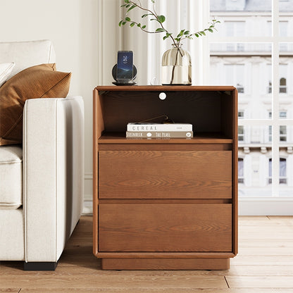 SUCSSRICH 25.8 Inch Solid Wood Nightstand with 2 Drawers and with Charging Station Natural Wood Night Stand Bedside Table