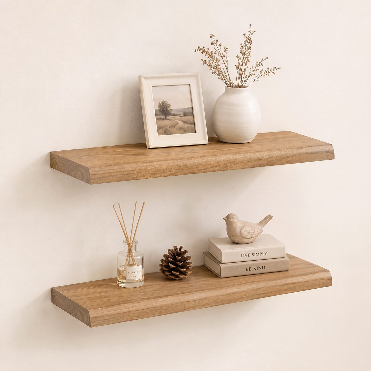 SUCSSRICH | 24 Inch Solid Wood Floating Shelves Set of 2, Natural Wall Shelves for Living Room