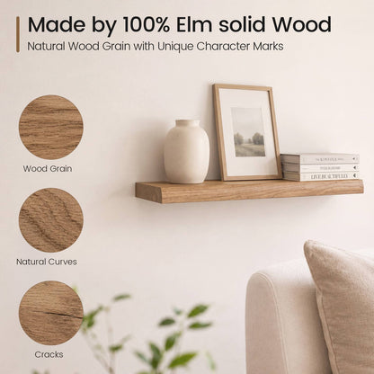 SUCSSRICH | 24 Inch Solid Wood Floating Shelves Set of 2, Natural Wall Shelves for Living Room