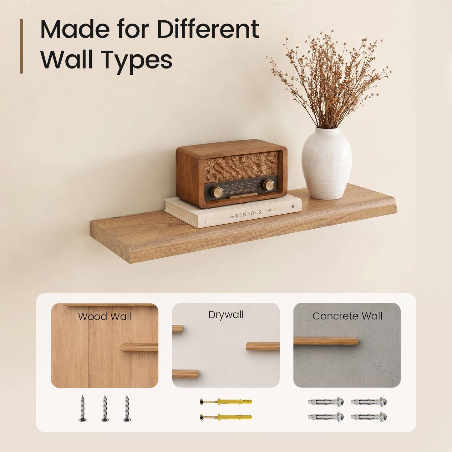 SUCSSRICH | 24 Inch Solid Wood Floating Shelves Set of 2, Natural Wall Shelves for Living Room