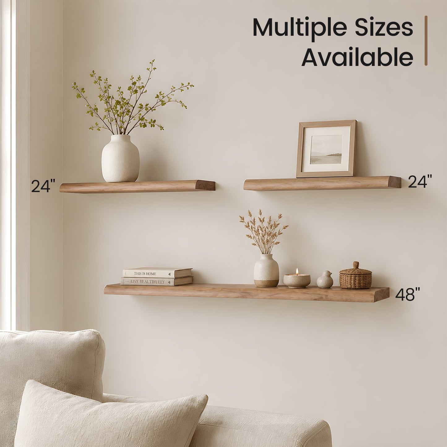 SUCSSRICH | 24 Inch Solid Wood Floating Shelves Set of 2, Natural Wall Shelves for Living Room