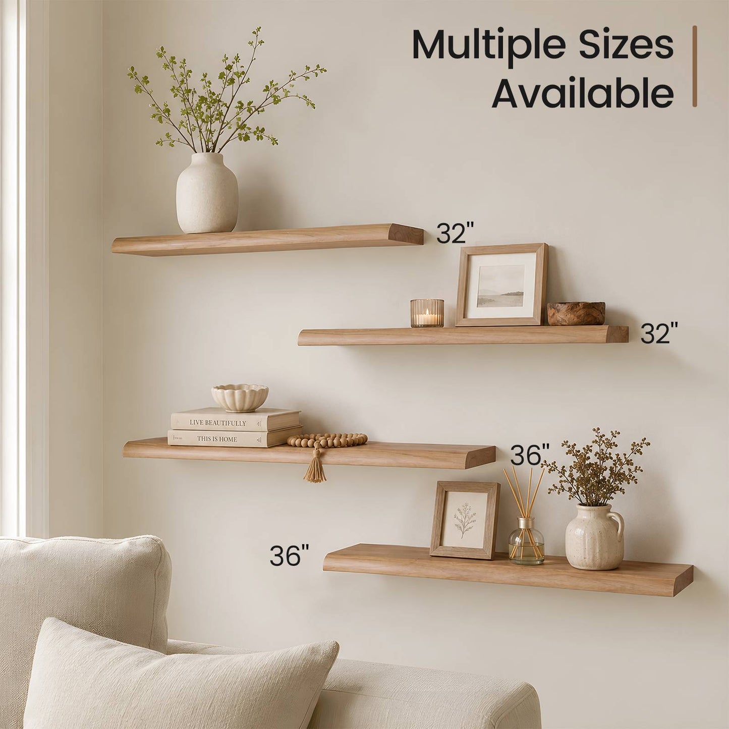 SUCSSRICH | 24 Inch Solid Wood Floating Shelves Set of 2, Natural Wall Shelves for Living Room