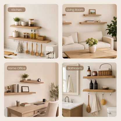 SUCSSRICH | 24 Inch Solid Wood Floating Shelves Set of 2, Natural Wall Shelves for Living Room