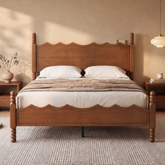 SUCSSRICH | Solid Wood Platform Bed with Storage Headboard, Spindle Design, Under-Bed Storage & No Box Spring Needed
