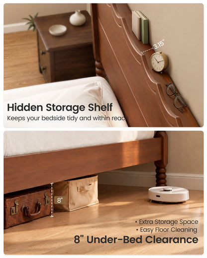 SUCSSRICH | Solid Wood Platform Bed with Storage Headboard, Spindle Design, Under-Bed Storage & No Box Spring Needed