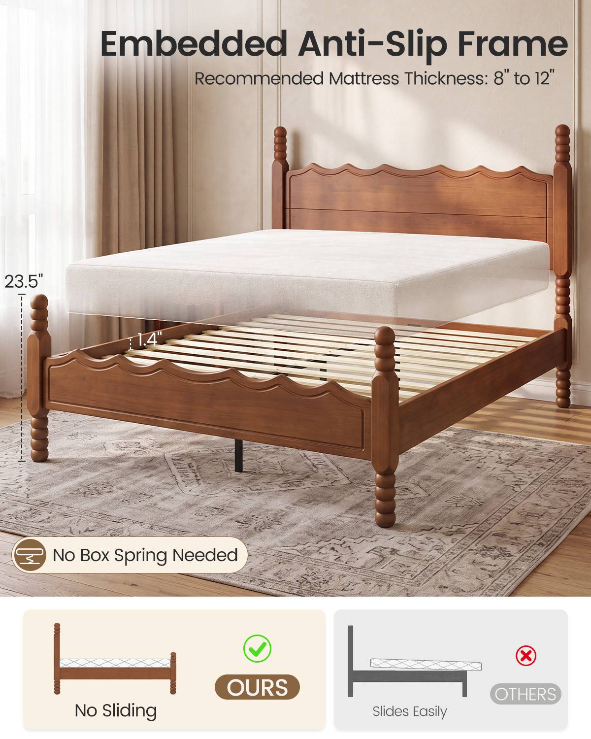 SUCSSRICH | Solid Wood Platform Bed with Storage Headboard, Spindle Design, Under-Bed Storage & No Box Spring Needed