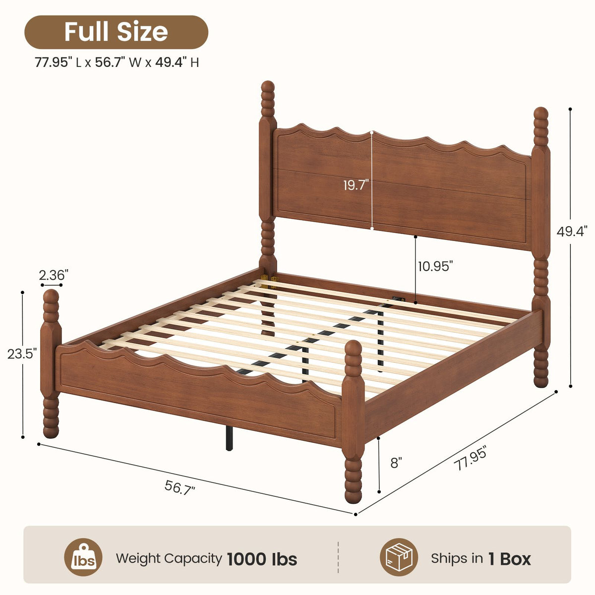 SUCSSRICH | Solid Wood Platform Bed with Storage Headboard, Spindle Design, Under-Bed Storage & No Box Spring Needed