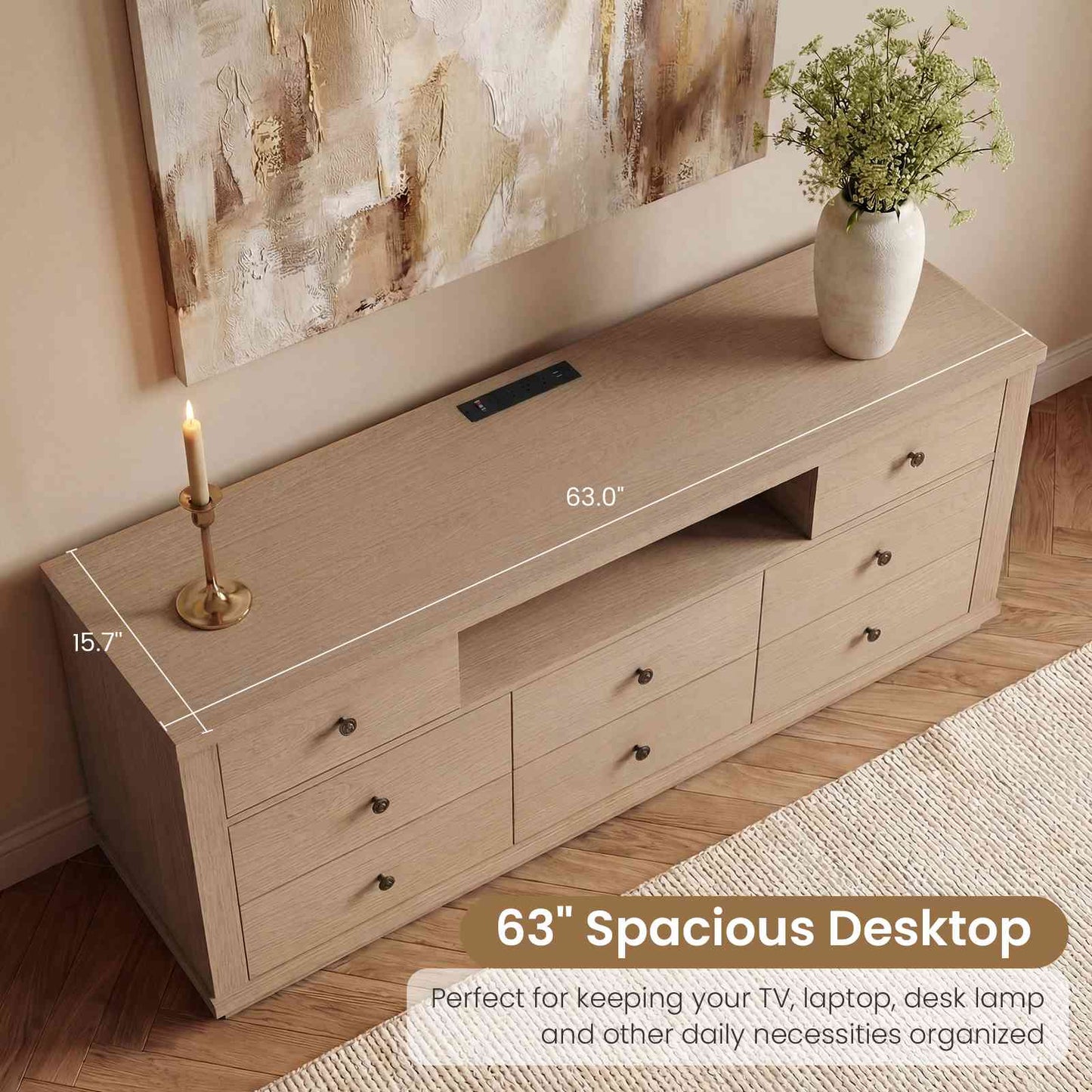 SUCSSRICH | 63" Wide Dresser TV Stand with 8 Drawers & Charging Station, Wood Storage Cabinet (White Oak)