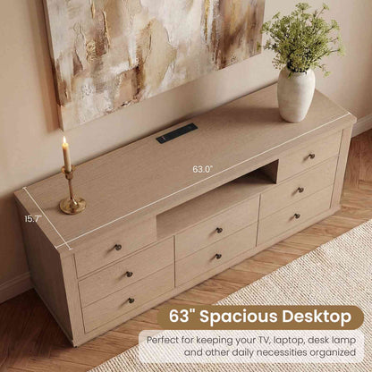 SUCSSRICH | 63" Wide Dresser TV Stand with 8 Drawers & Charging Station, Wood Storage Cabinet (White Oak)
