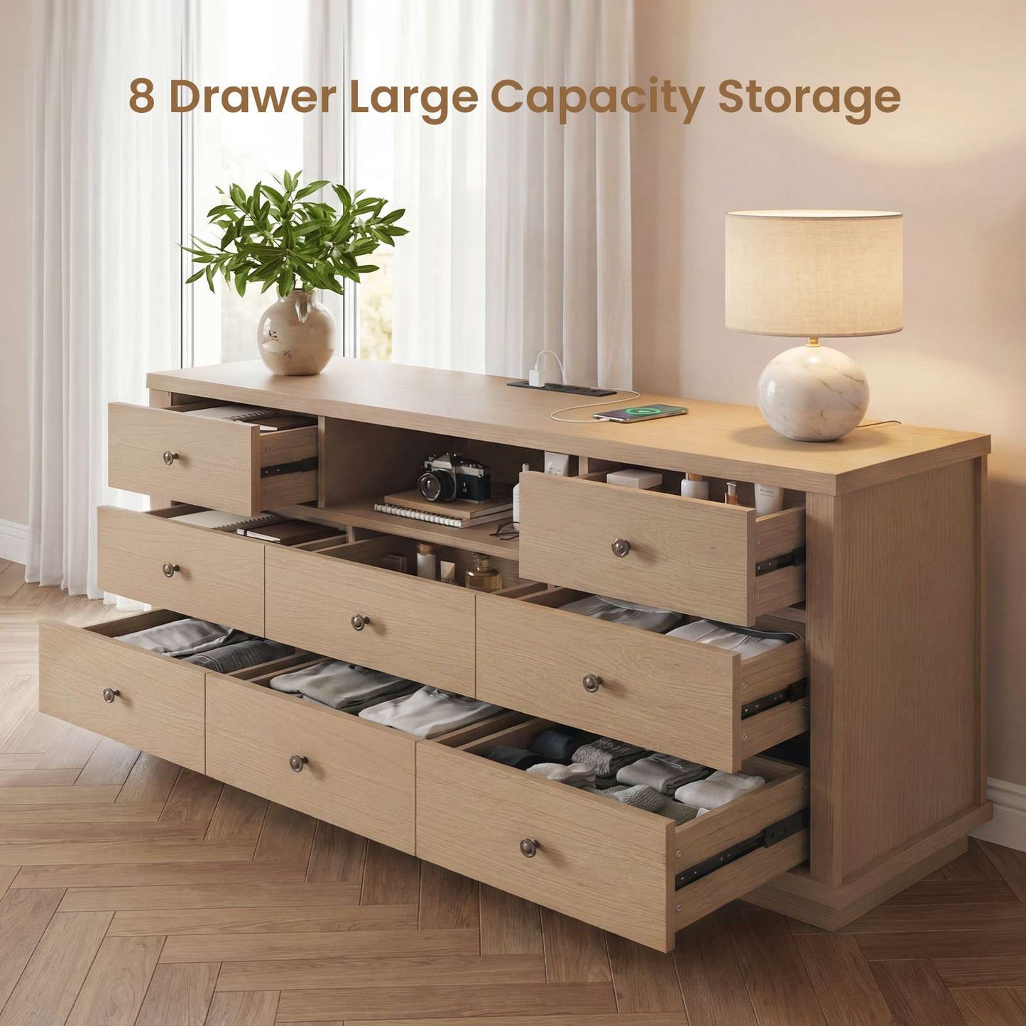 SUCSSRICH | 63" Wide Dresser TV Stand with 8 Drawers & Charging Station, Wood Storage Cabinet (White Oak)