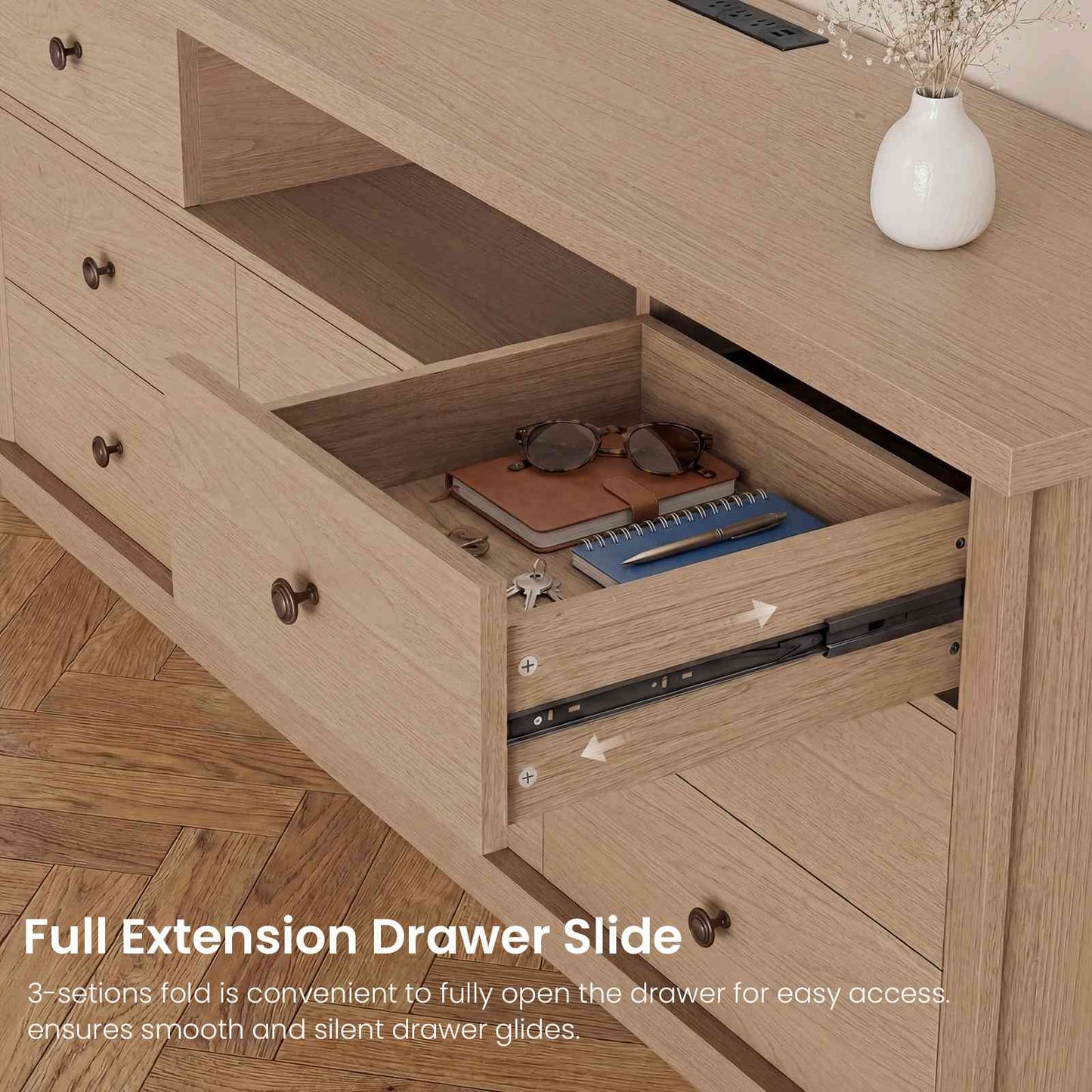 SUCSSRICH | 63" Wide Dresser TV Stand with 8 Drawers & Charging Station, Wood Storage Cabinet (White Oak)