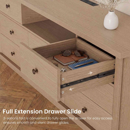 SUCSSRICH | 63" Wide Dresser TV Stand with 8 Drawers & Charging Station, Wood Storage Cabinet (White Oak)