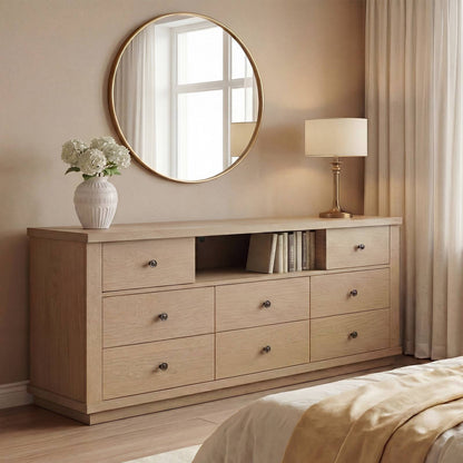 SUCSSRICH | 63" Wide Dresser TV Stand with 8 Drawers & Charging Station, Wood Storage Cabinet (White Oak)