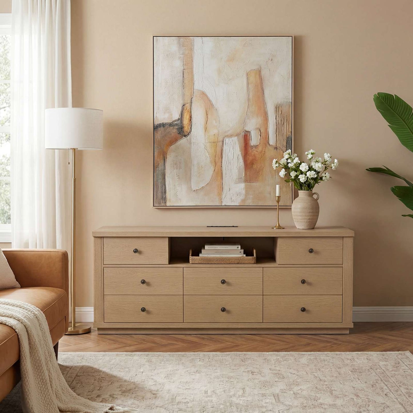 SUCSSRICH | 63" Wide Dresser TV Stand with 8 Drawers & Charging Station, Wood Storage Cabinet (White Oak)