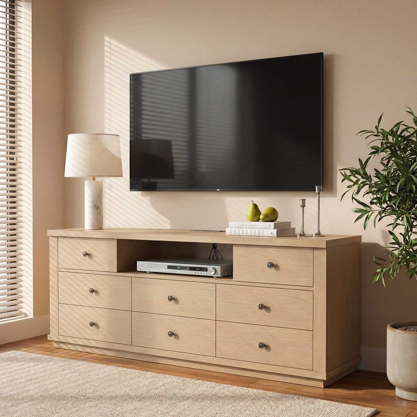 SUCSSRICH | 63" Wide Dresser TV Stand with 8 Drawers & Charging Station, Wood Storage Cabinet (White Oak)