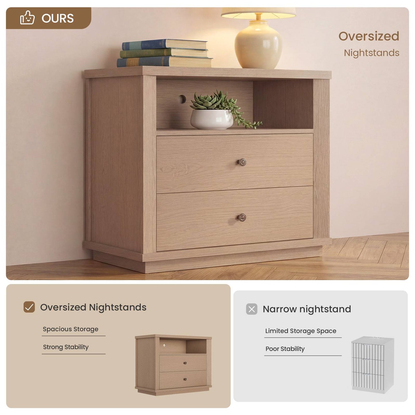 SUCSSRICH | 25.8 Inch Oversized Extra Large Nightstand with Charging Station – Tall 2-Drawer Bedside Table, Wide Modern End Table for Bedroom – White Oak