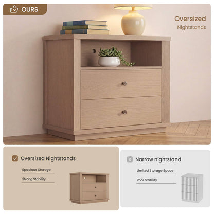SUCSSRICH | 25.8 Inch Oversized Extra Large Nightstand with Charging Station – Tall 2-Drawer Bedside Table, Wide Modern End Table for Bedroom – White Oak
