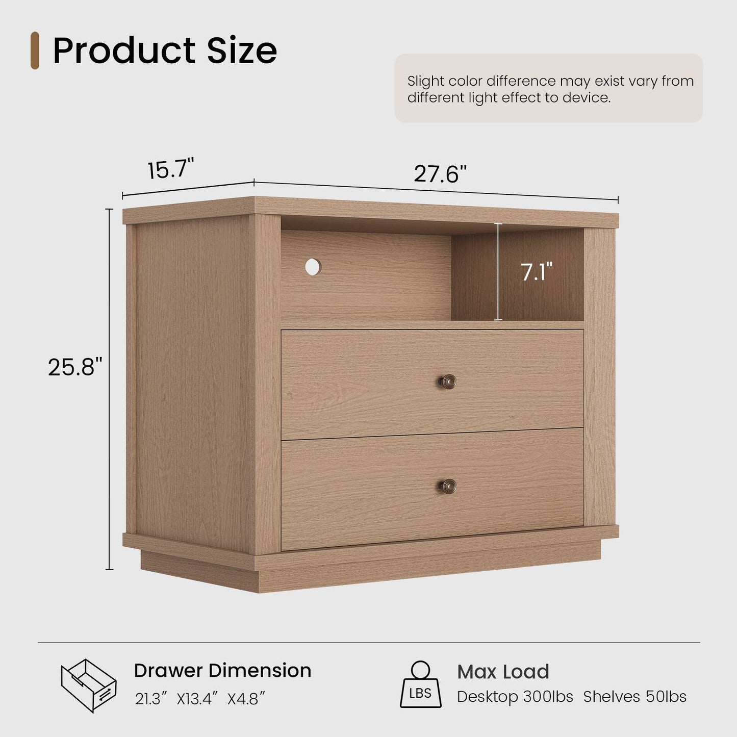 SUCSSRICH | 25.8 Inch Oversized Extra Large Nightstand with Charging Station – Tall 2-Drawer Bedside Table, Wide Modern End Table for Bedroom – White Oak