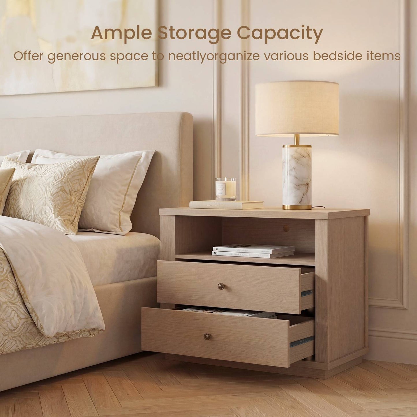 SUCSSRICH | 25.8 Inch Oversized Extra Large Nightstand with Charging Station – Tall 2-Drawer Bedside Table, Wide Modern End Table for Bedroom – White Oak