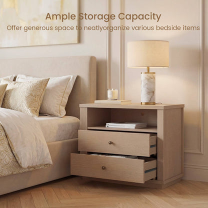 SUCSSRICH | 25.8 Inch Oversized Extra Large Nightstand with Charging Station – Tall 2-Drawer Bedside Table, Wide Modern End Table for Bedroom – White Oak
