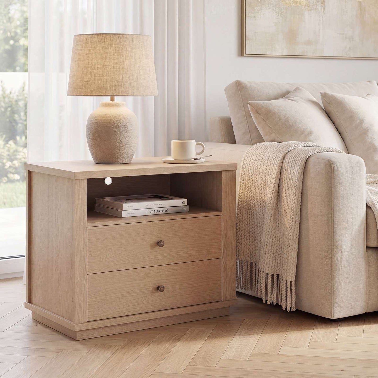 SUCSSRICH | 25.8 Inch Oversized Extra Large Nightstand with Charging Station – Tall 2-Drawer Bedside Table, Wide Modern End Table for Bedroom – White Oak