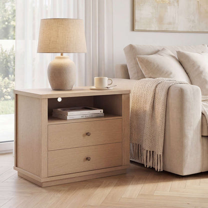 SUCSSRICH | 25.8 Inch Oversized Extra Large Nightstand with Charging Station – Tall 2-Drawer Bedside Table, Wide Modern End Table for Bedroom – White Oak