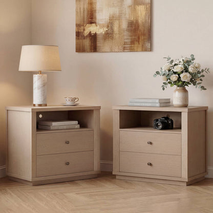 SUCSSRICH | 25.8 Inch Oversized Extra Large Nightstand with Charging Station – Tall 2-Drawer Bedside Table, Wide Modern End Table for Bedroom – White Oak