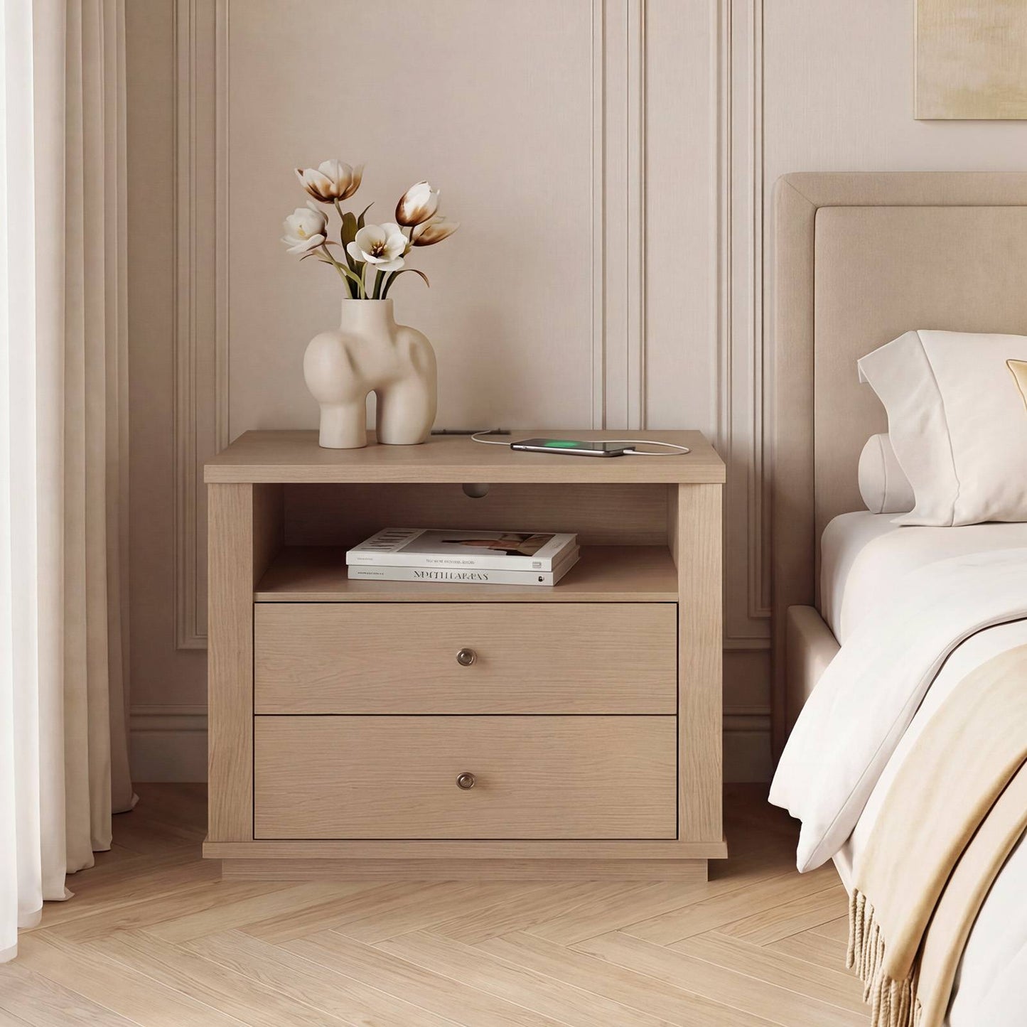 SUCSSRICH | 25.8 Inch Oversized Extra Large Nightstand with Charging Station – Tall 2-Drawer Bedside Table, Wide Modern End Table for Bedroom – White Oak