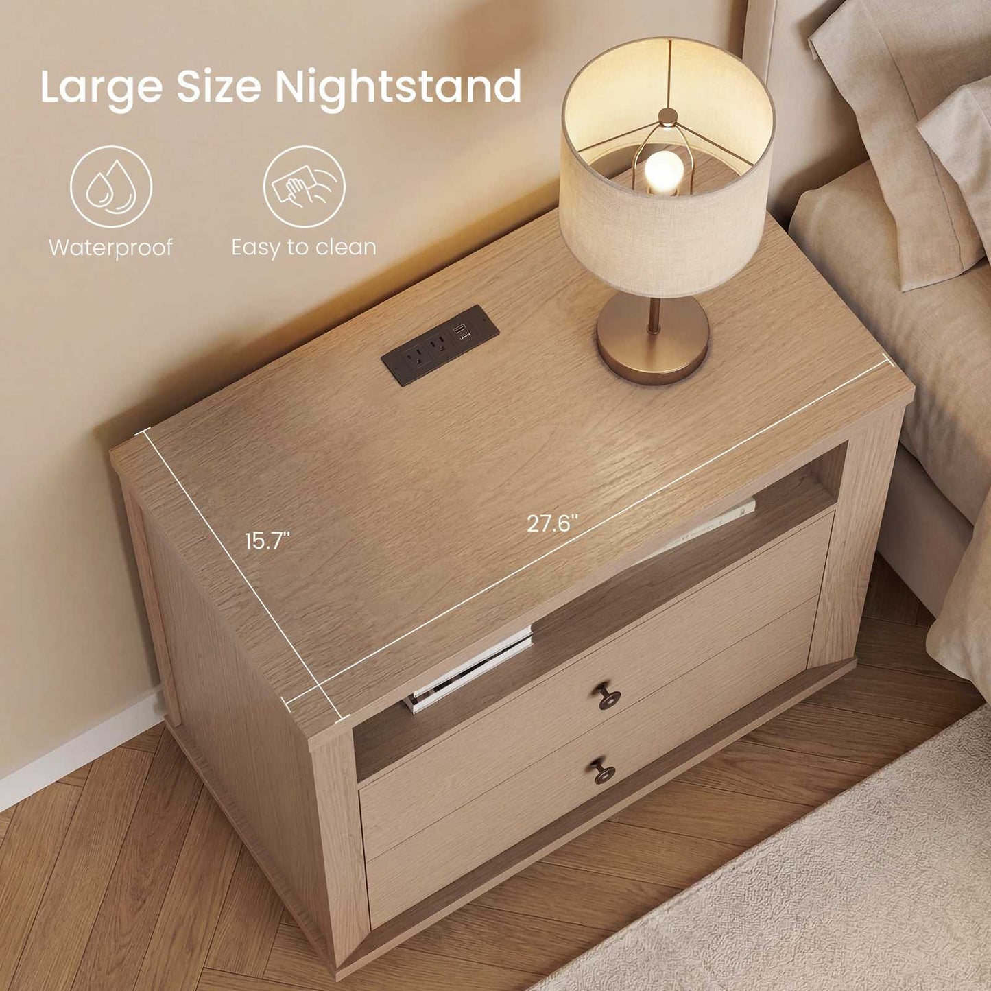 SUCSSRICH | 25.8 Inch Oversized Extra Large Nightstand with Charging Station – Tall 2-Drawer Bedside Table, Wide Modern End Table for Bedroom – White Oak
